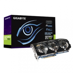 2048MB  GEFORCE GTX760  256 bit  DDR5  GV-N760OC-2GD Gigabyte OverClock Edition Box (трехкулерная, бесшумная)